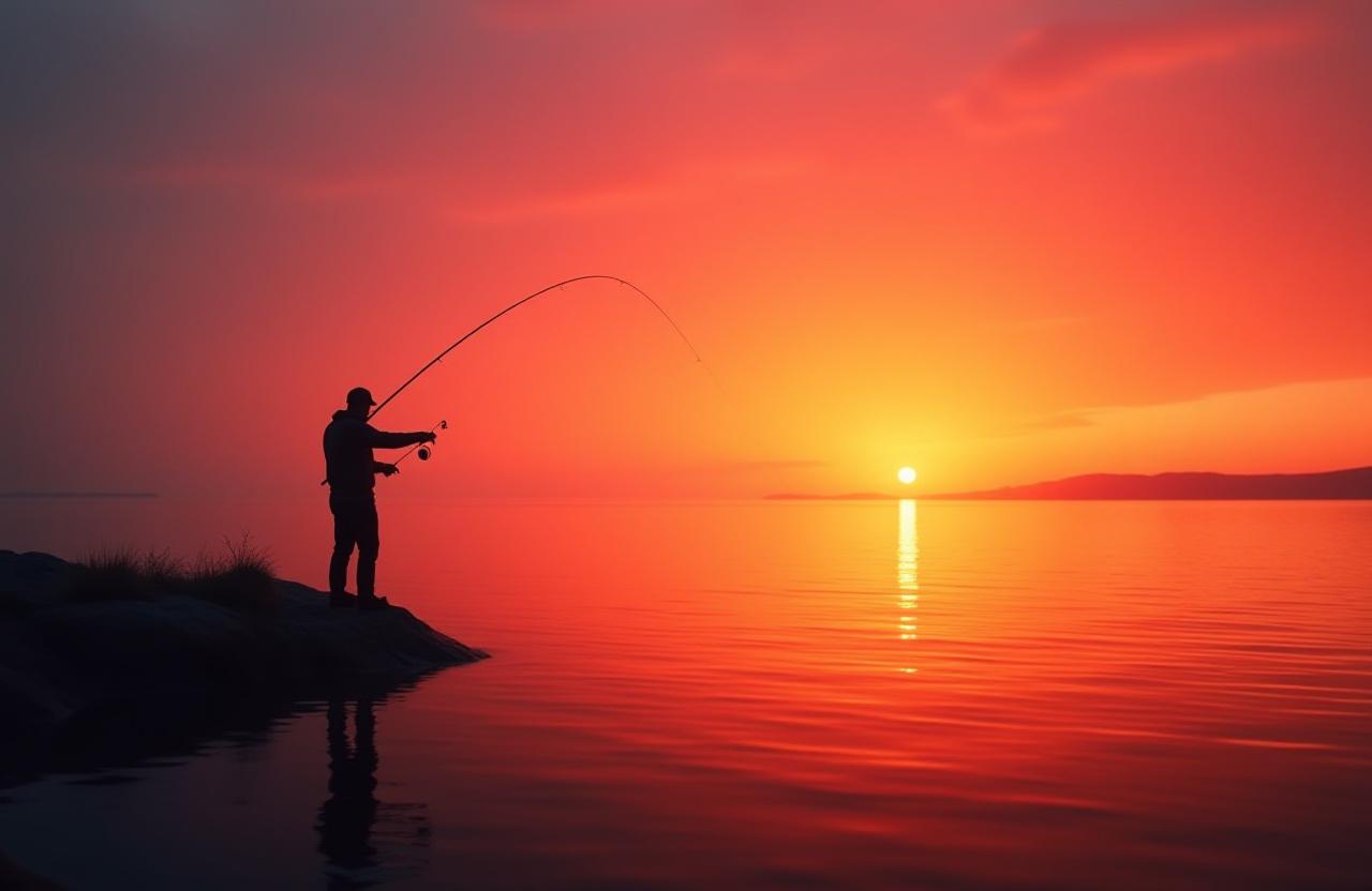 En lystfisker der kaster snøren ud ved den jyske kyst i solnedgangen