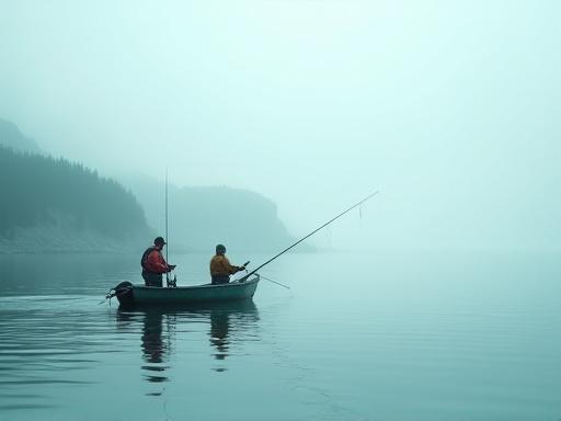 To personer i en lille båd der fisker på en rolig fjord