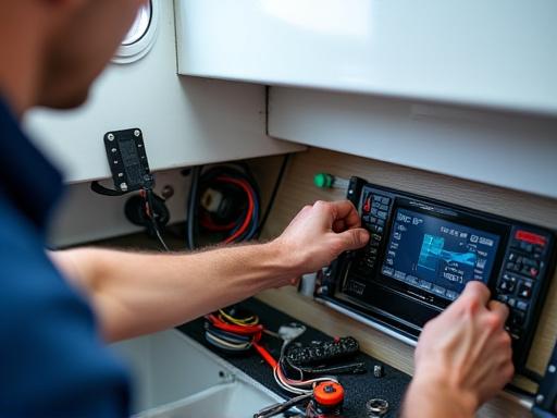 En tekniker der installerer marineelektronik i en båd